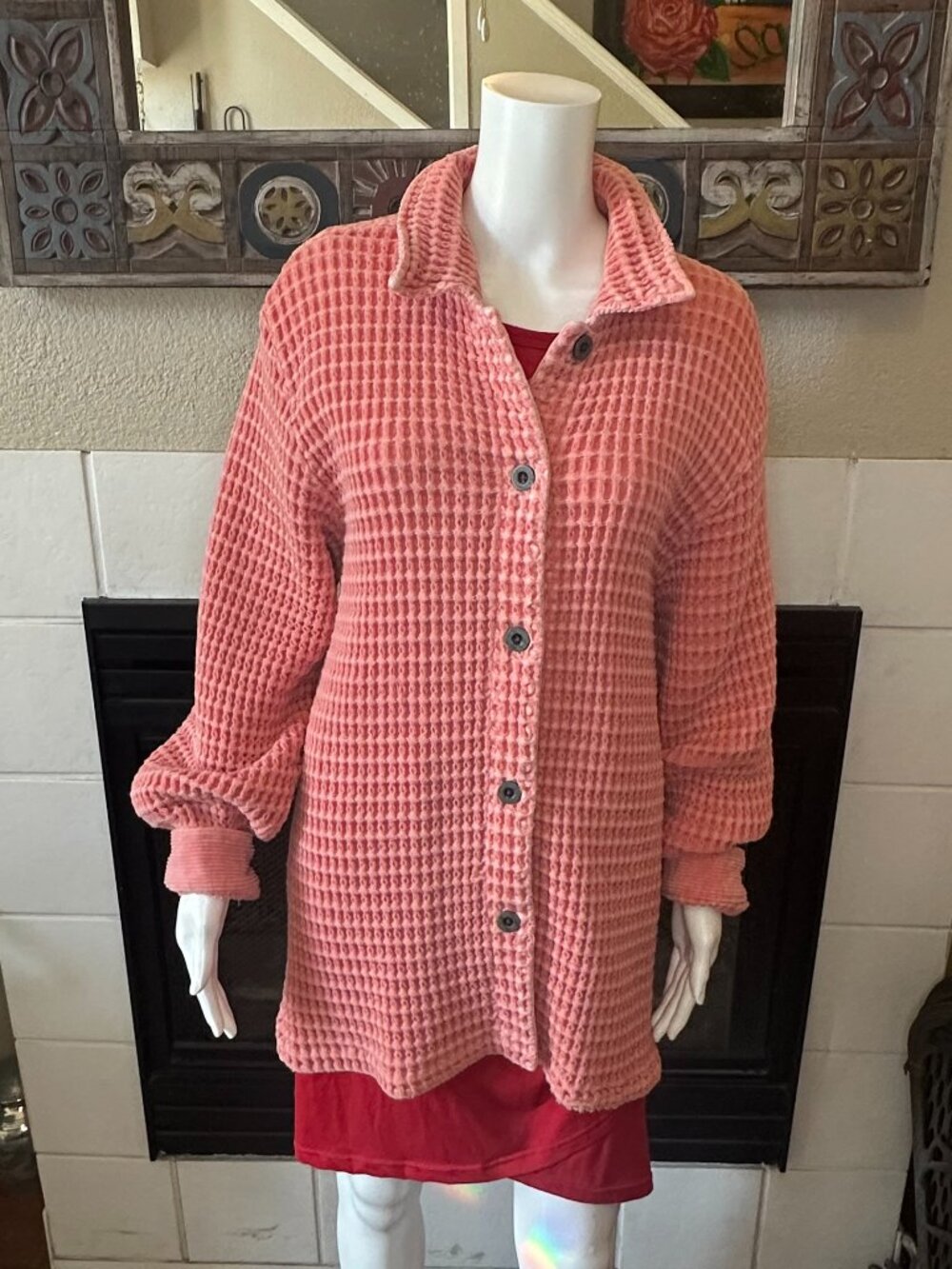 Mod-o-Doc Vtg 100% Cotton Waffle Knit coral Button Front collared Jacket